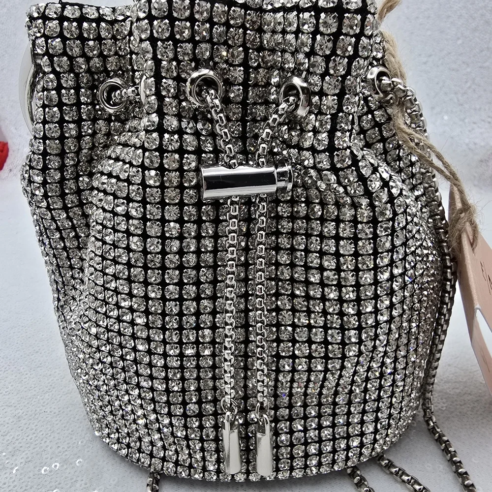 E|N Expressions NYC Rhinestone Small Bucket Bag Top Handle Shoulder Silver-tone